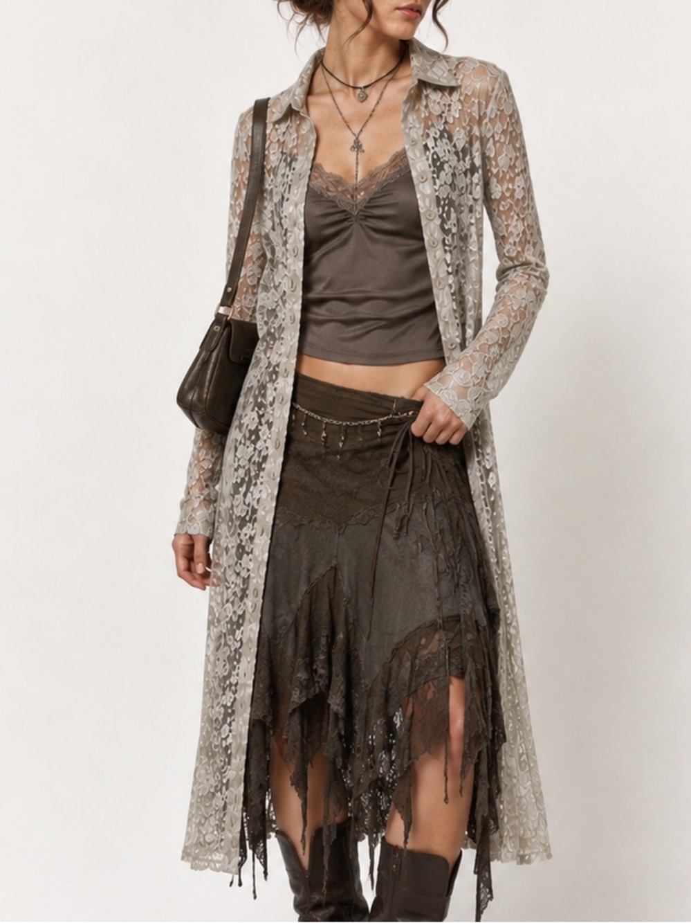 Moda International Vintage Y2K Sheer Lace Duster Cardigan Button Front | S